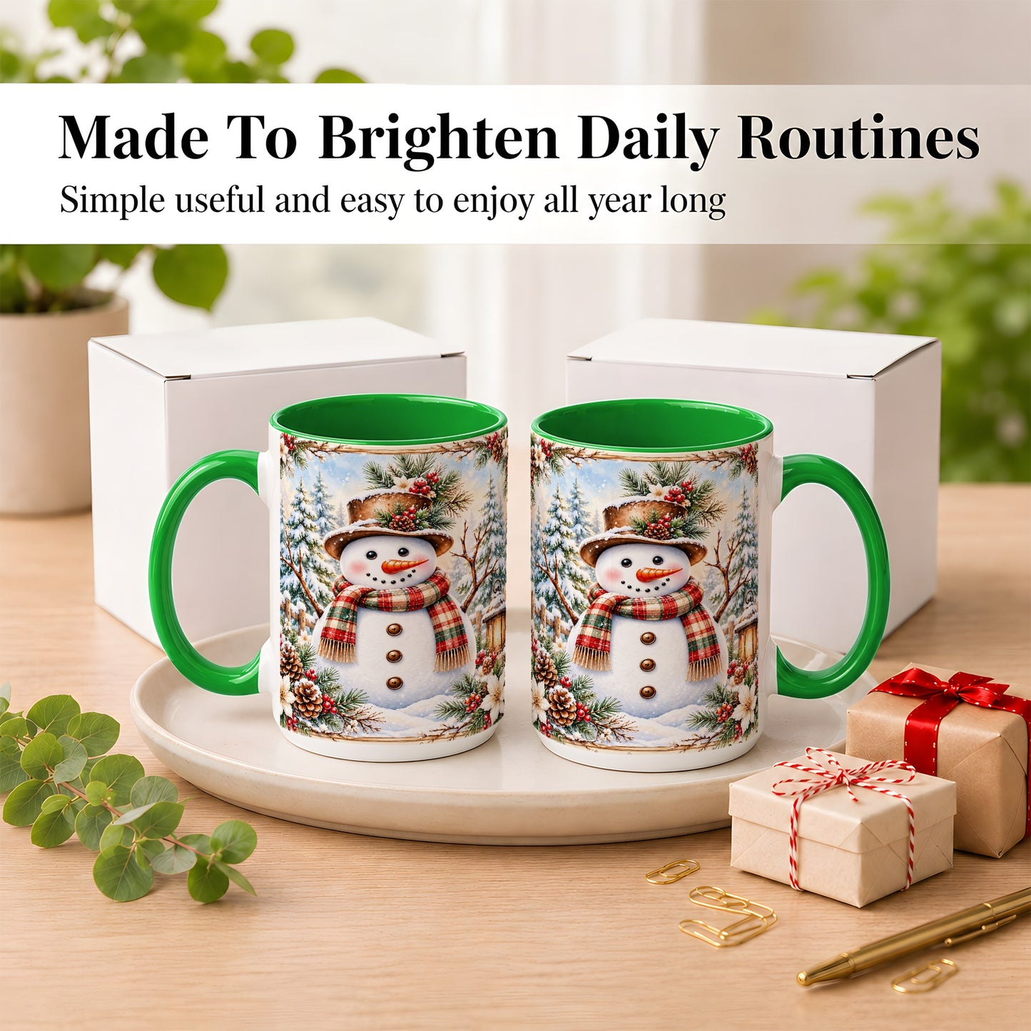 #pl[15oz|Green] Rustic Snowman Coffee Mug, Winter Snowman Mug, Ceramic Cup
