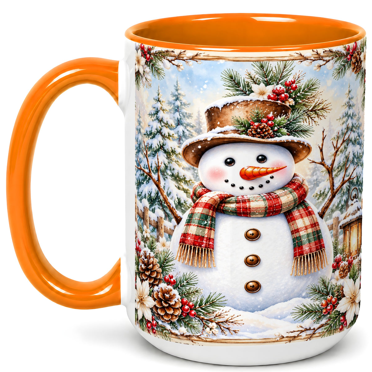 #pl[15oz|Orange] Rustic Snowman Coffee Mug, Winter Snowman Mug, Ceramic Cup