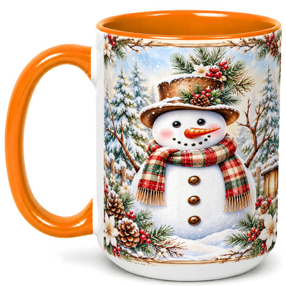 #pl[15oz|Orange] Rustic Snowman Coffee Mug, Winter Snowman Mug, Ceramic Cup