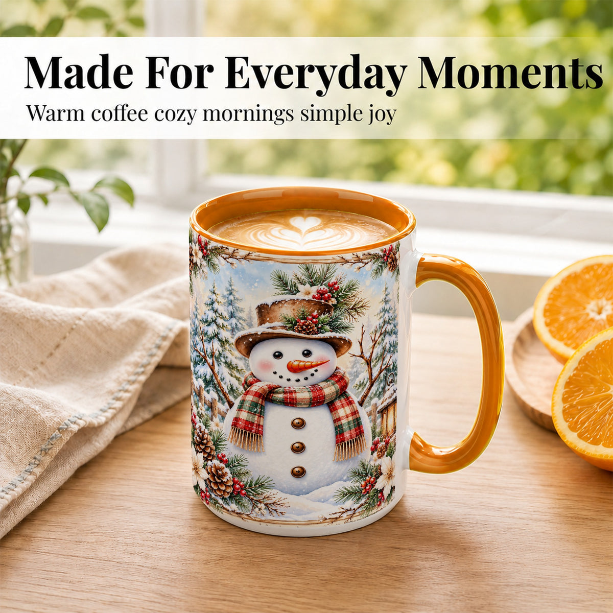 #pl[15oz|Orange] Rustic Snowman Coffee Mug, Winter Snowman Mug, Ceramic Cup