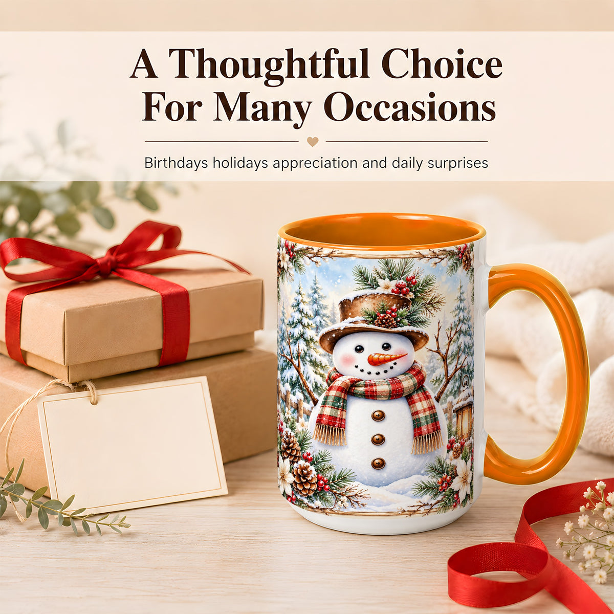 #pl[15oz|Orange] Rustic Snowman Coffee Mug, Winter Snowman Mug, Ceramic Cup