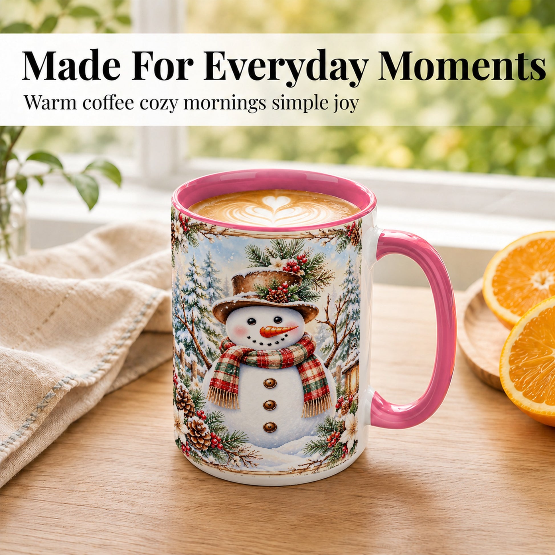 #pl[15oz|Pink] Rustic Snowman Coffee Mug, Winter Snowman Mug, Ceramic Cup