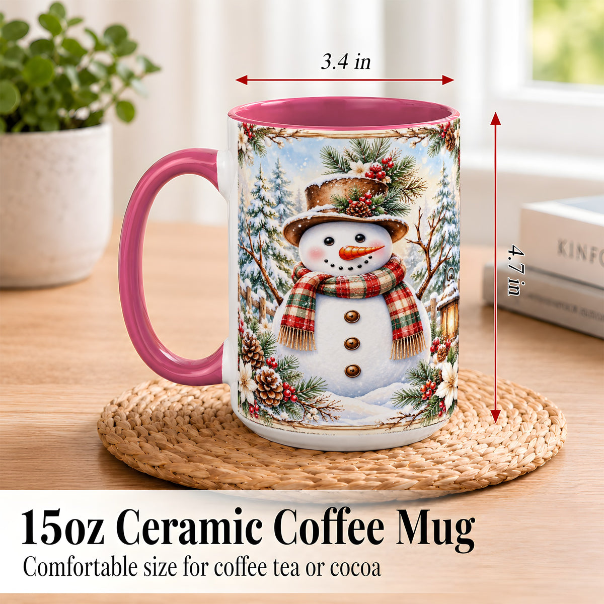 #pl[15oz|Pink] Rustic Snowman Coffee Mug, Winter Snowman Mug, Ceramic Cup