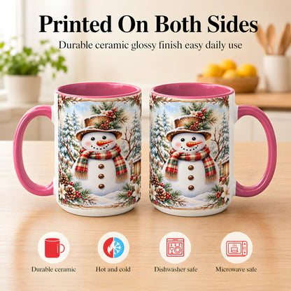 #pl[15oz|Pink] Rustic Snowman Coffee Mug, Winter Snowman Mug, Ceramic Cup