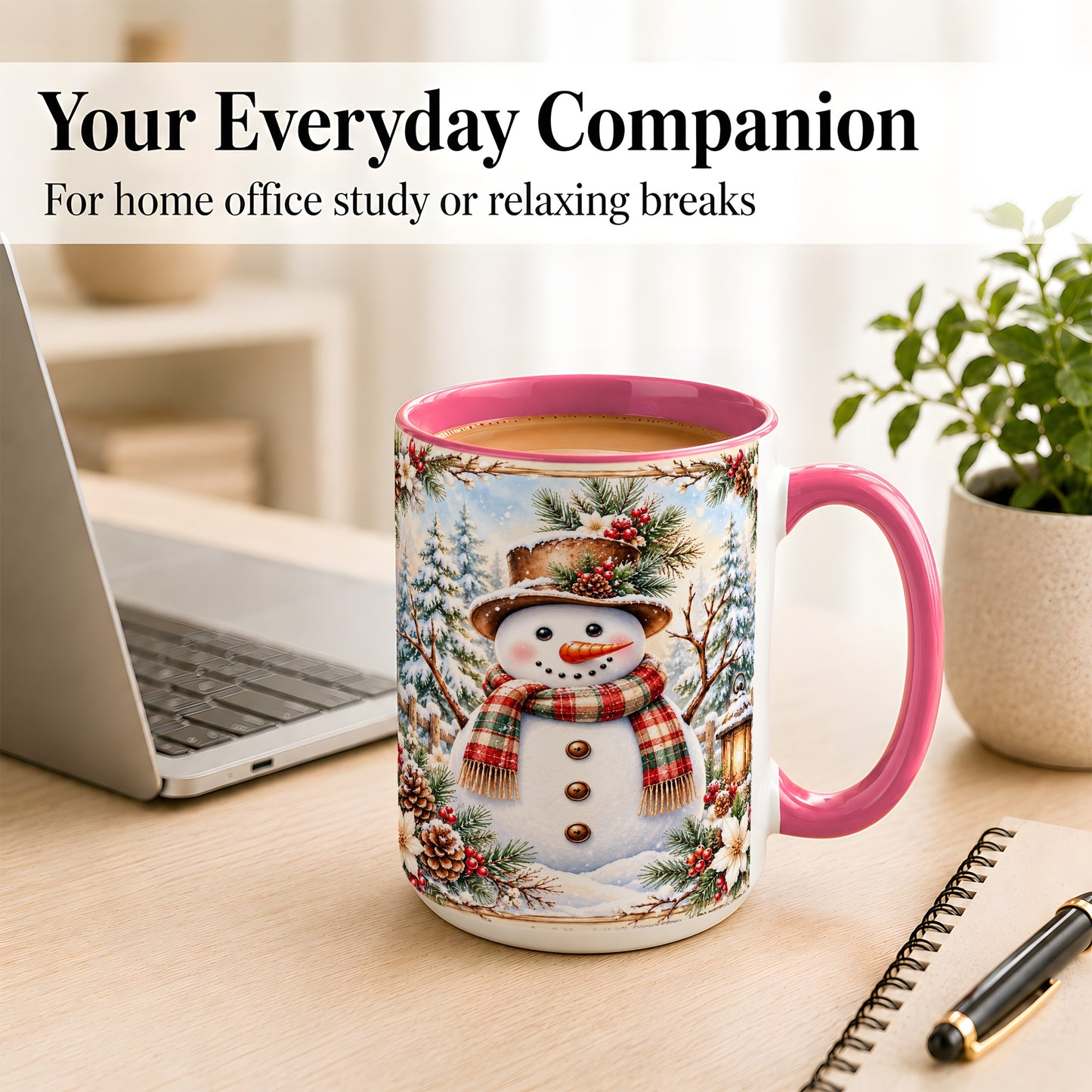 #pl[15oz|Pink] Rustic Snowman Coffee Mug, Winter Snowman Mug, Ceramic Cup
