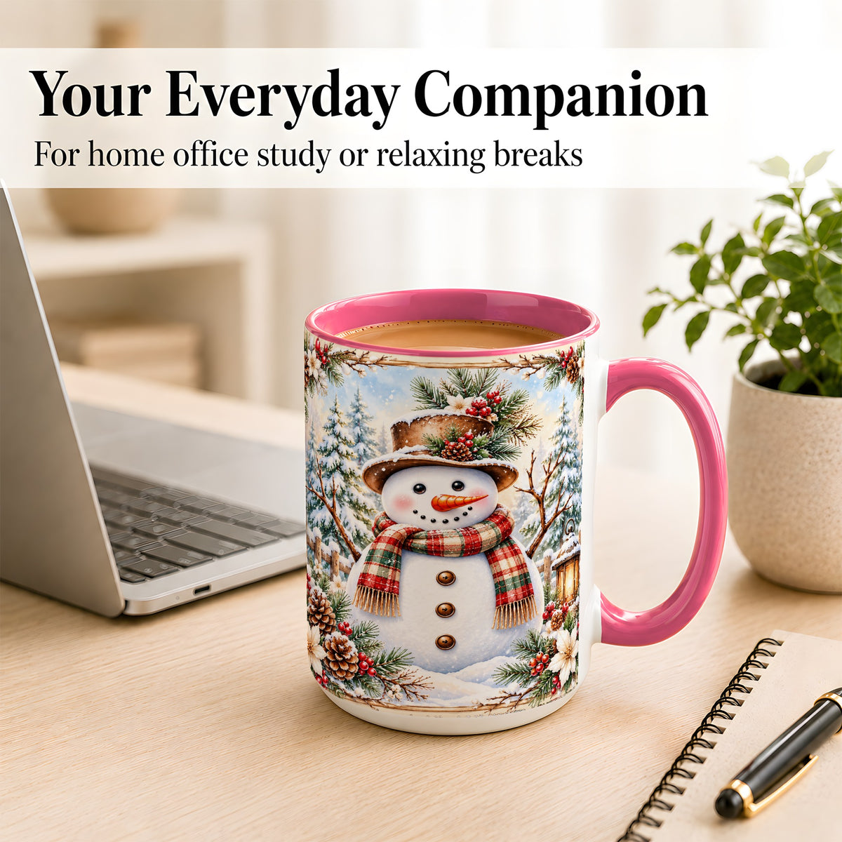 #pl[15oz|Pink] Rustic Snowman Coffee Mug, Winter Snowman Mug, Ceramic Cup