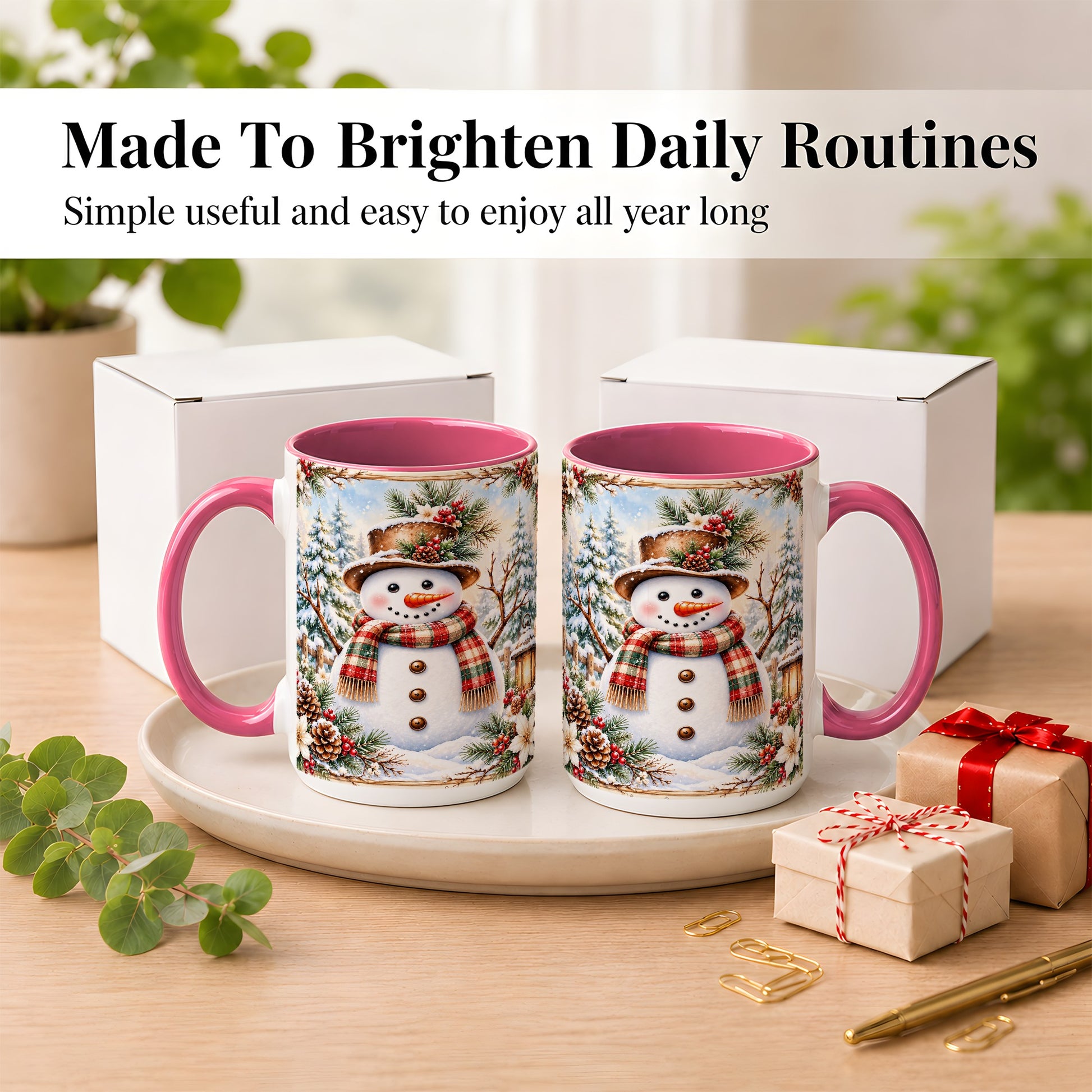 #pl[15oz|Pink] Rustic Snowman Coffee Mug, Winter Snowman Mug, Ceramic Cup