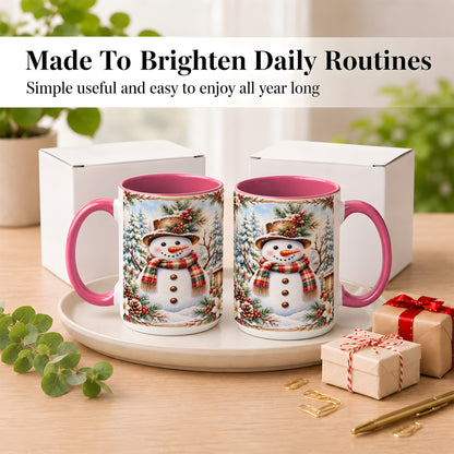 #pl[15oz|Pink] Rustic Snowman Coffee Mug, Winter Snowman Mug, Ceramic Cup
