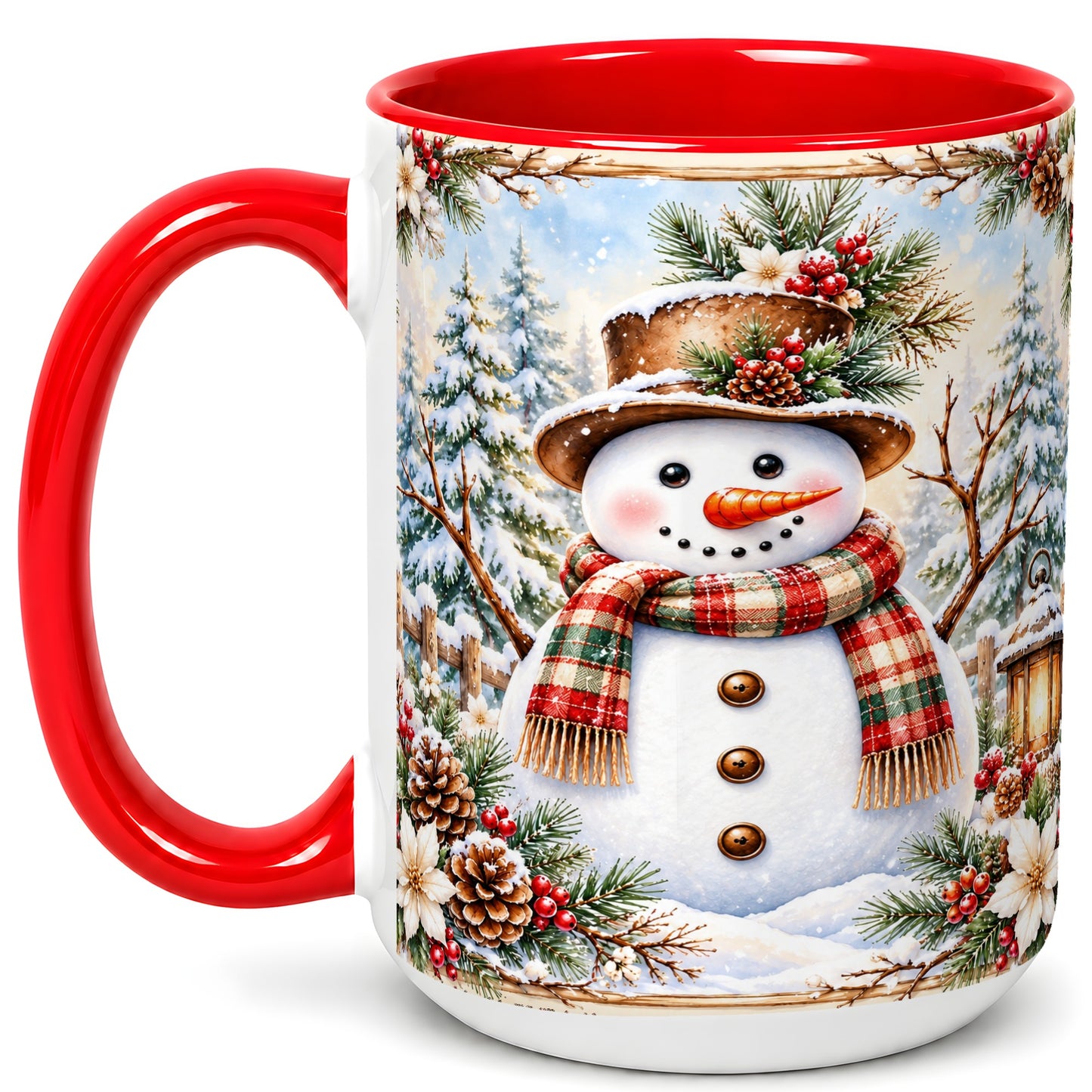 #pl[15oz|Red] Rustic Snowman Coffee Mug, Winter Snowman Mug, Ceramic Cup