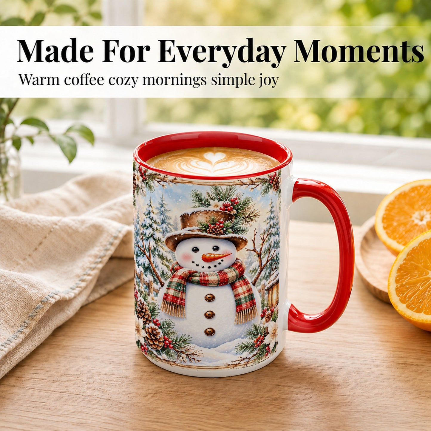 #pl[15oz|Red] Rustic Snowman Coffee Mug, Winter Snowman Mug, Ceramic Cup