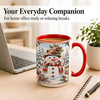 #pl[15oz|Red] Rustic Snowman Coffee Mug, Winter Snowman Mug, Ceramic Cup