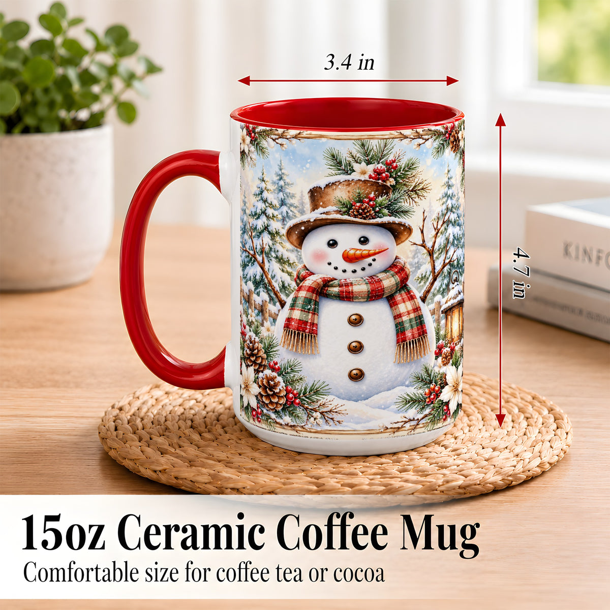 #pl[15oz|Red] Rustic Snowman Coffee Mug, Winter Snowman Mug, Ceramic Cup
