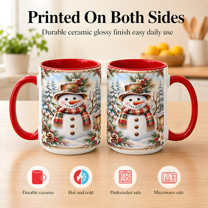#pl[15oz|Red] Rustic Snowman Coffee Mug, Winter Snowman Mug, Ceramic Cup