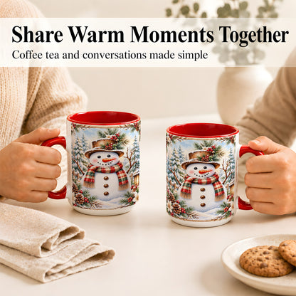 #pl[15oz|Red] Rustic Snowman Coffee Mug, Winter Snowman Mug, Ceramic Cup