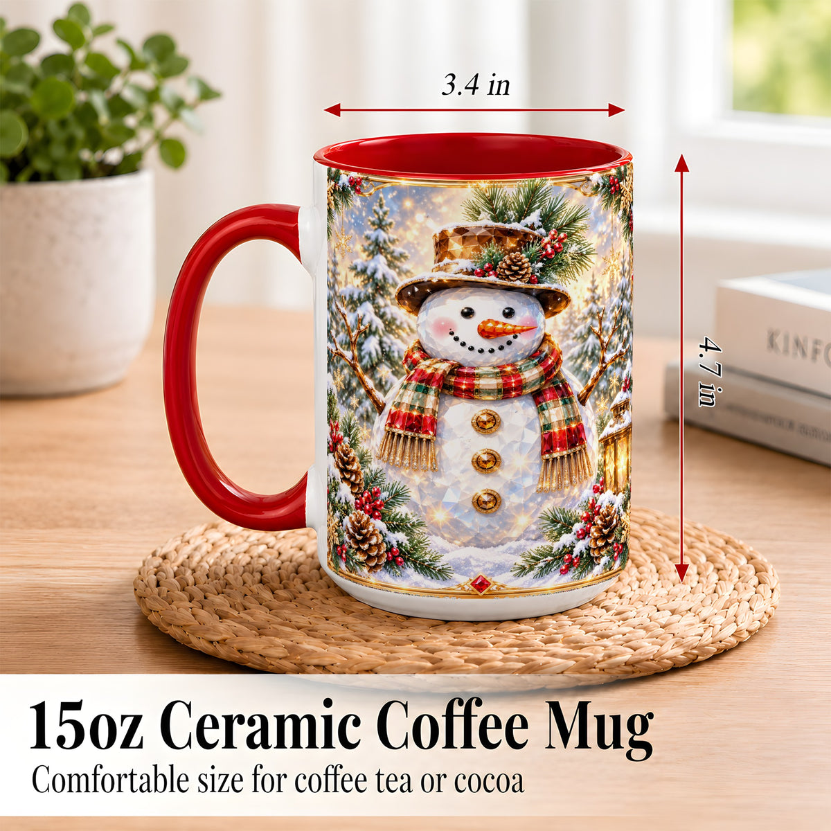 #pl[15oz|Red] Jeweled Snowman Coffee Mug, Christmas Snowman Mug, Ceramic Cup