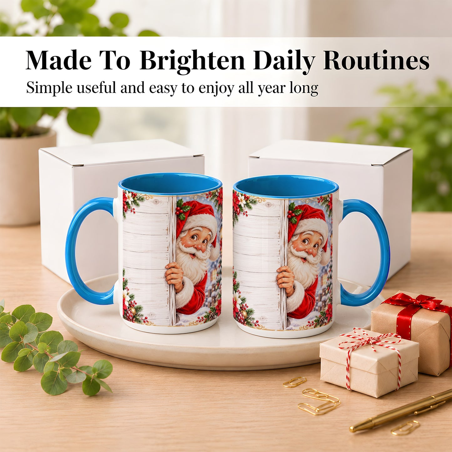 #pl[15oz|Blue] Christmas Santa Coffee Mug, Holiday Santa Mug, Ceramic Cup