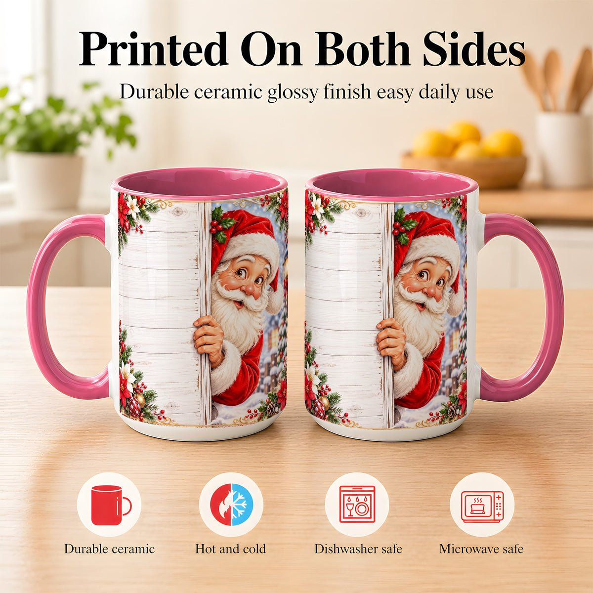 #pl[15oz|Pink] Christmas Santa Coffee Mug, Holiday Santa Mug, Ceramic Cup