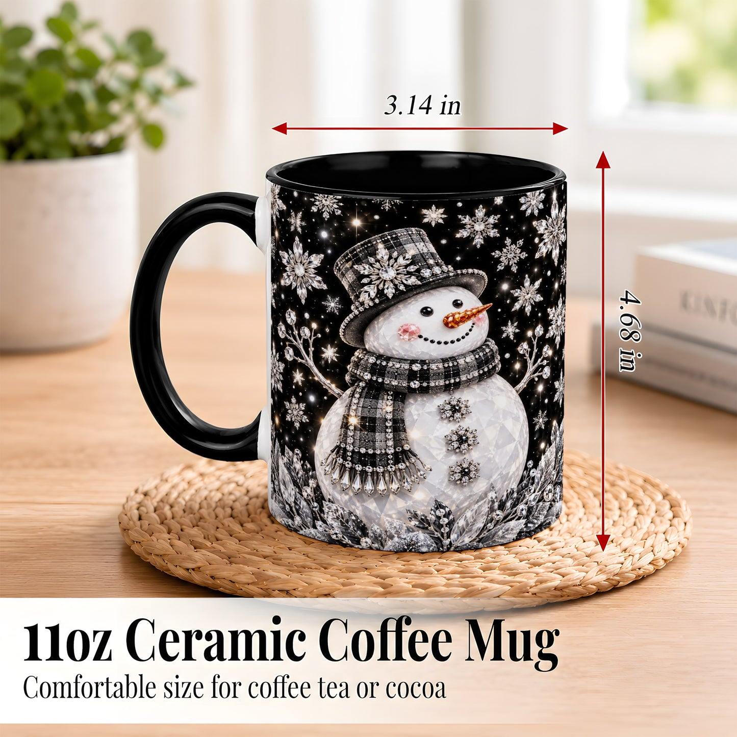 #pl[11oz|Black] Crystal Snowman Coffee Mug, Winter Snowflake Mug, Ceramic Cup