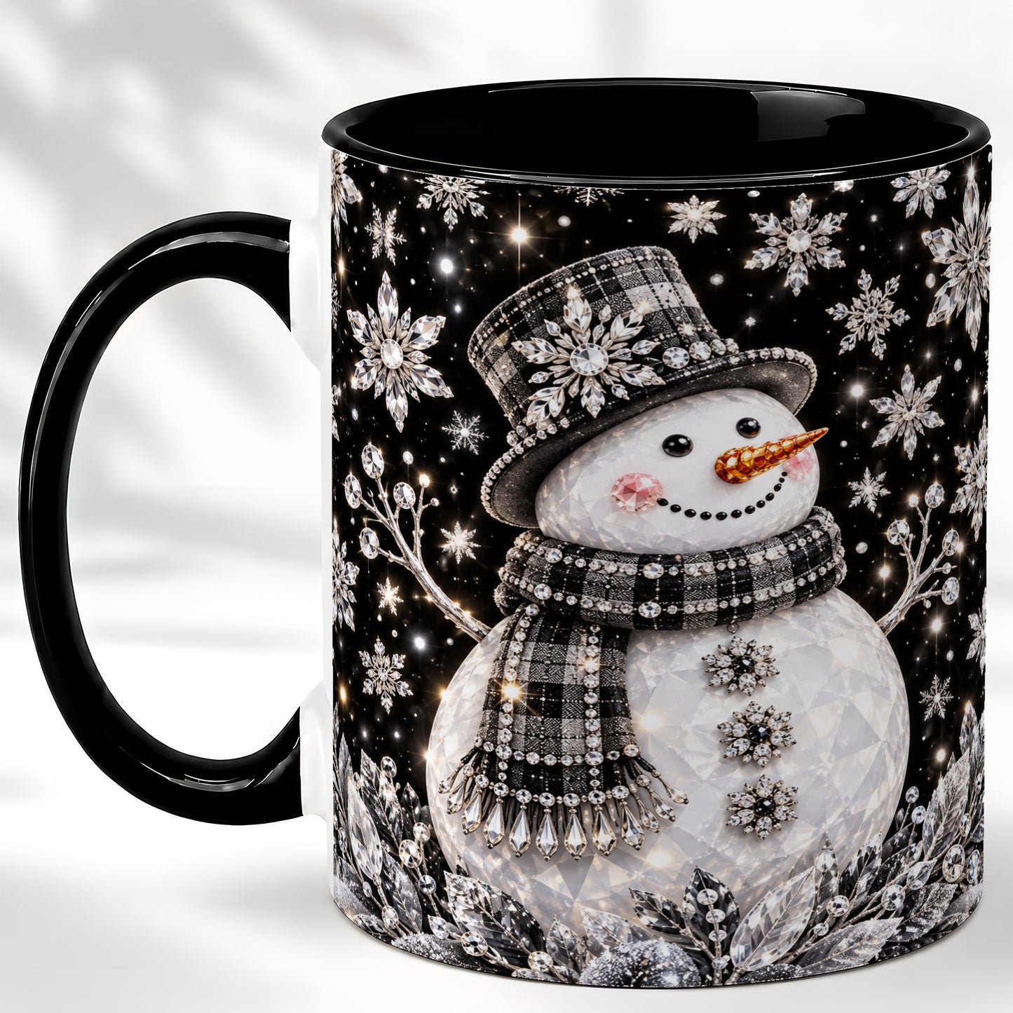 #pl[11oz|Black] Crystal Snowman Coffee Mug, Winter Snowflake Mug, Ceramic Cup