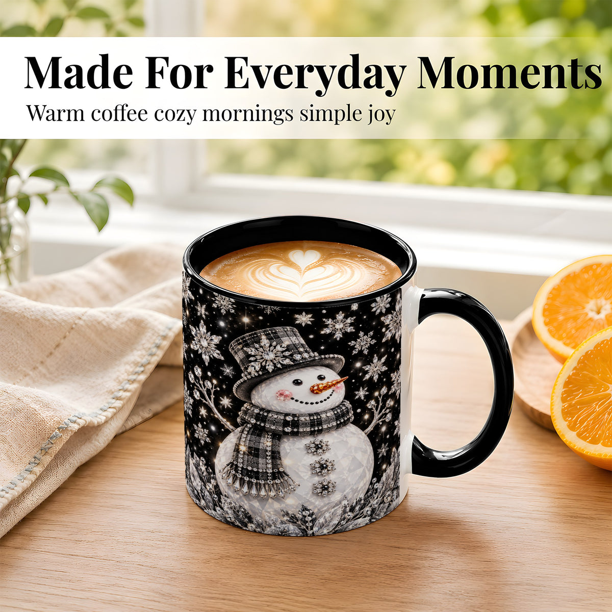 #pl[11oz|Black] Crystal Snowman Coffee Mug, Winter Snowflake Mug, Ceramic Cup
