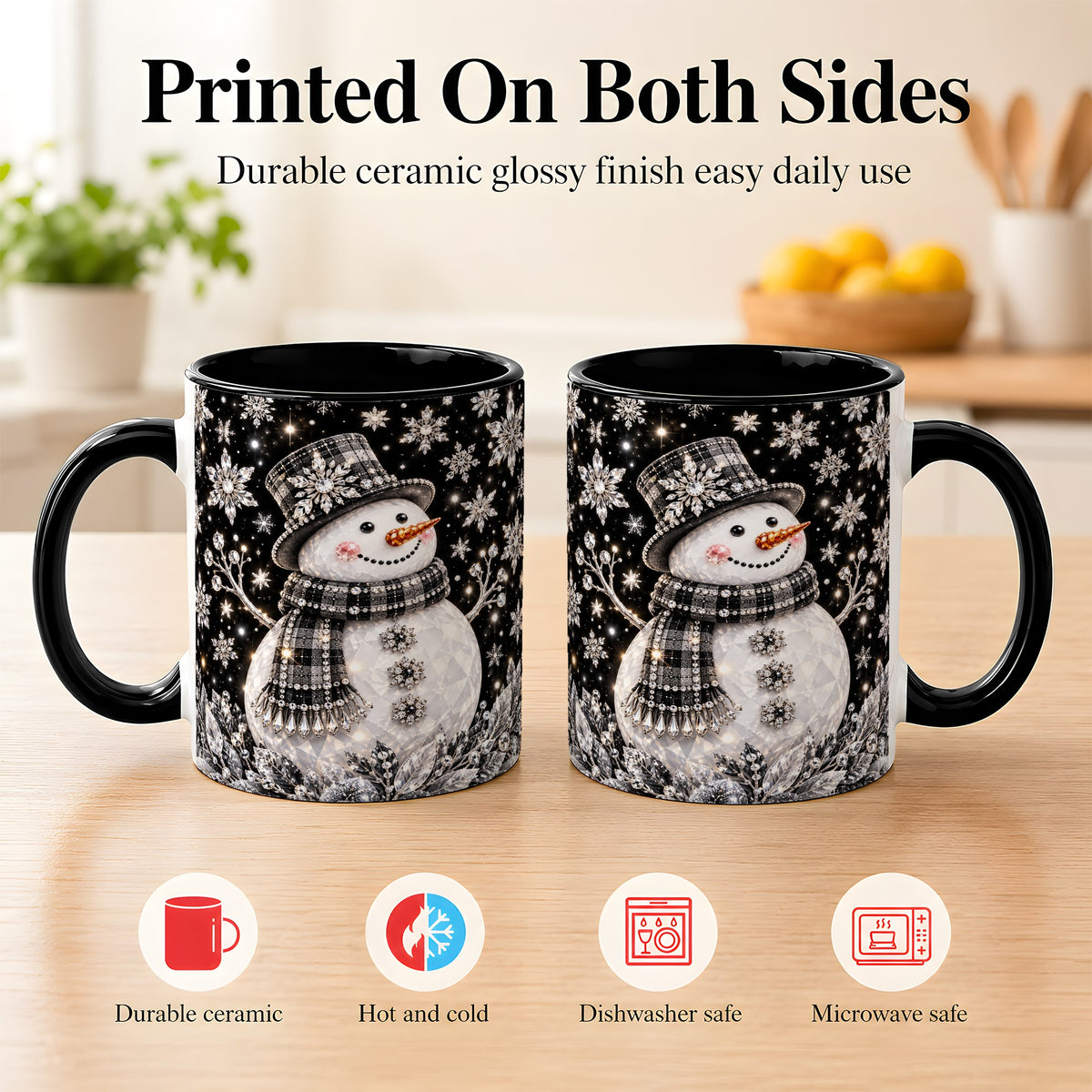#pl[11oz|Black] Crystal Snowman Coffee Mug, Winter Snowflake Mug, Ceramic Cup