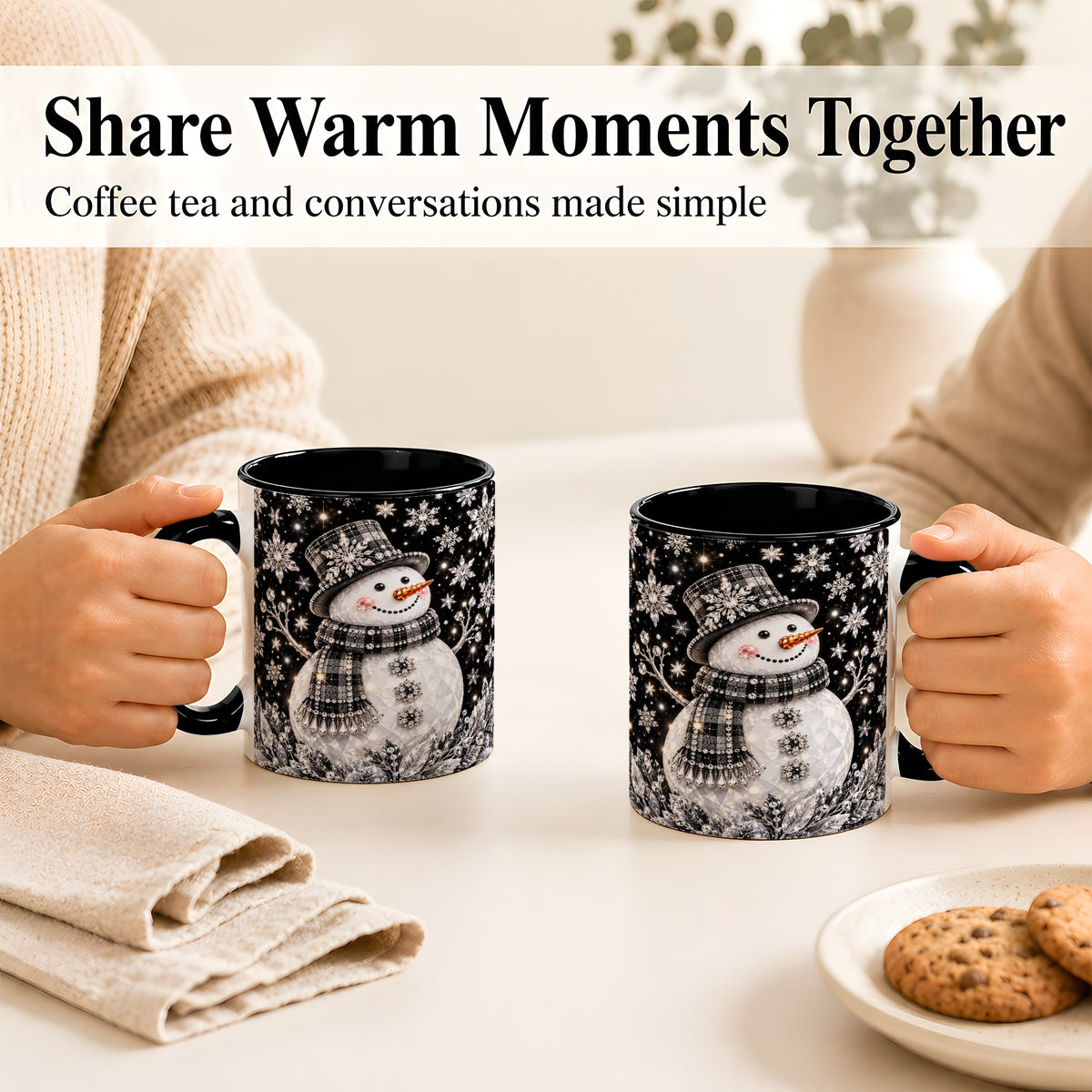 #pl[11oz|Black] Crystal Snowman Coffee Mug, Winter Snowflake Mug, Ceramic Cup