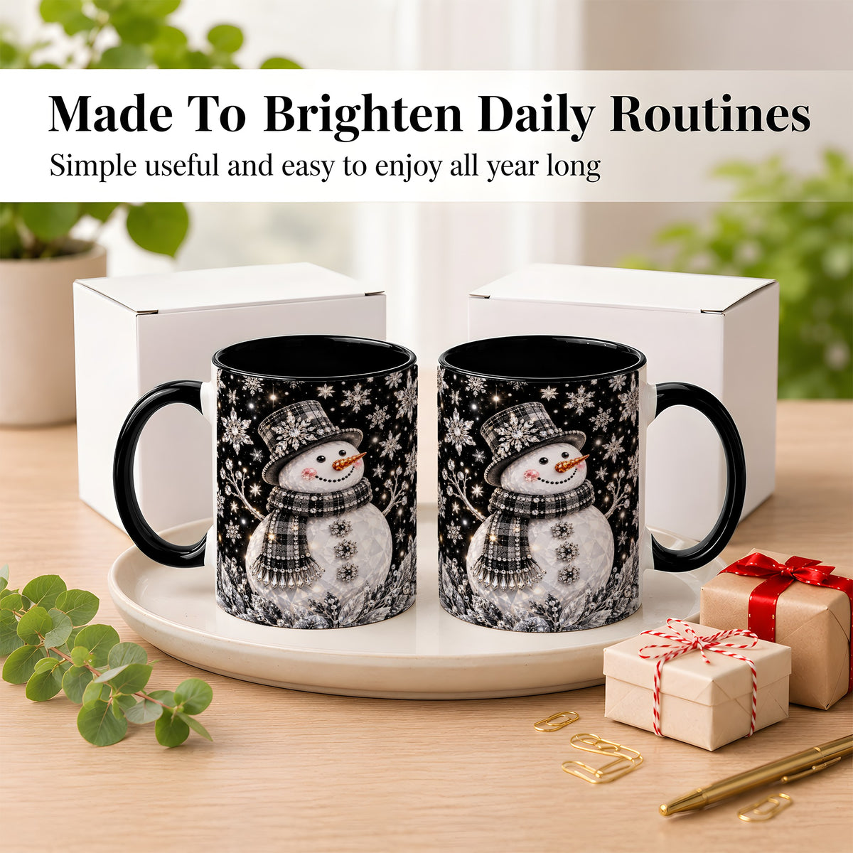 #pl[11oz|Black] Crystal Snowman Coffee Mug, Winter Snowflake Mug, Ceramic Cup