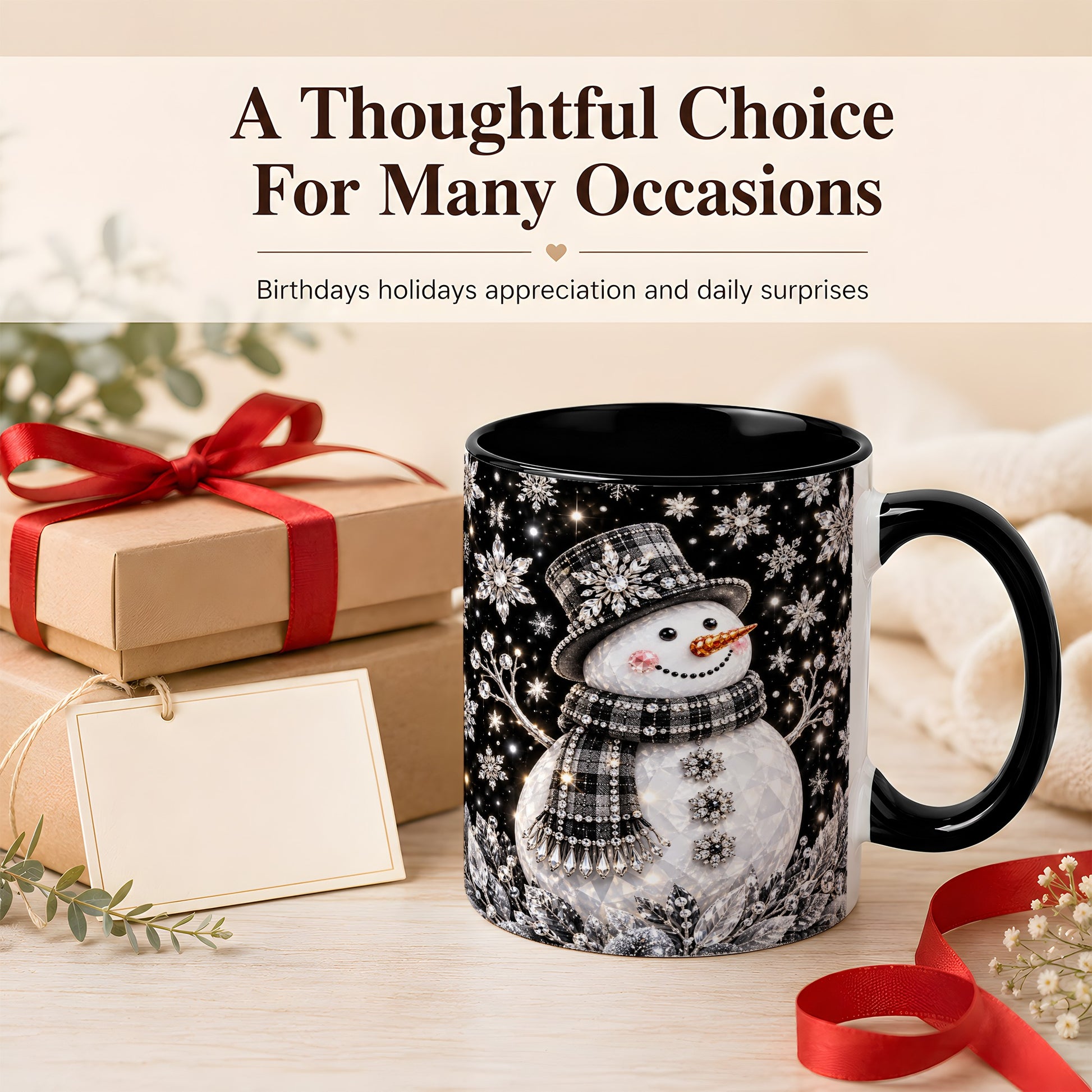 #pl[11oz|Black] Crystal Snowman Coffee Mug, Winter Snowflake Mug, Ceramic Cup