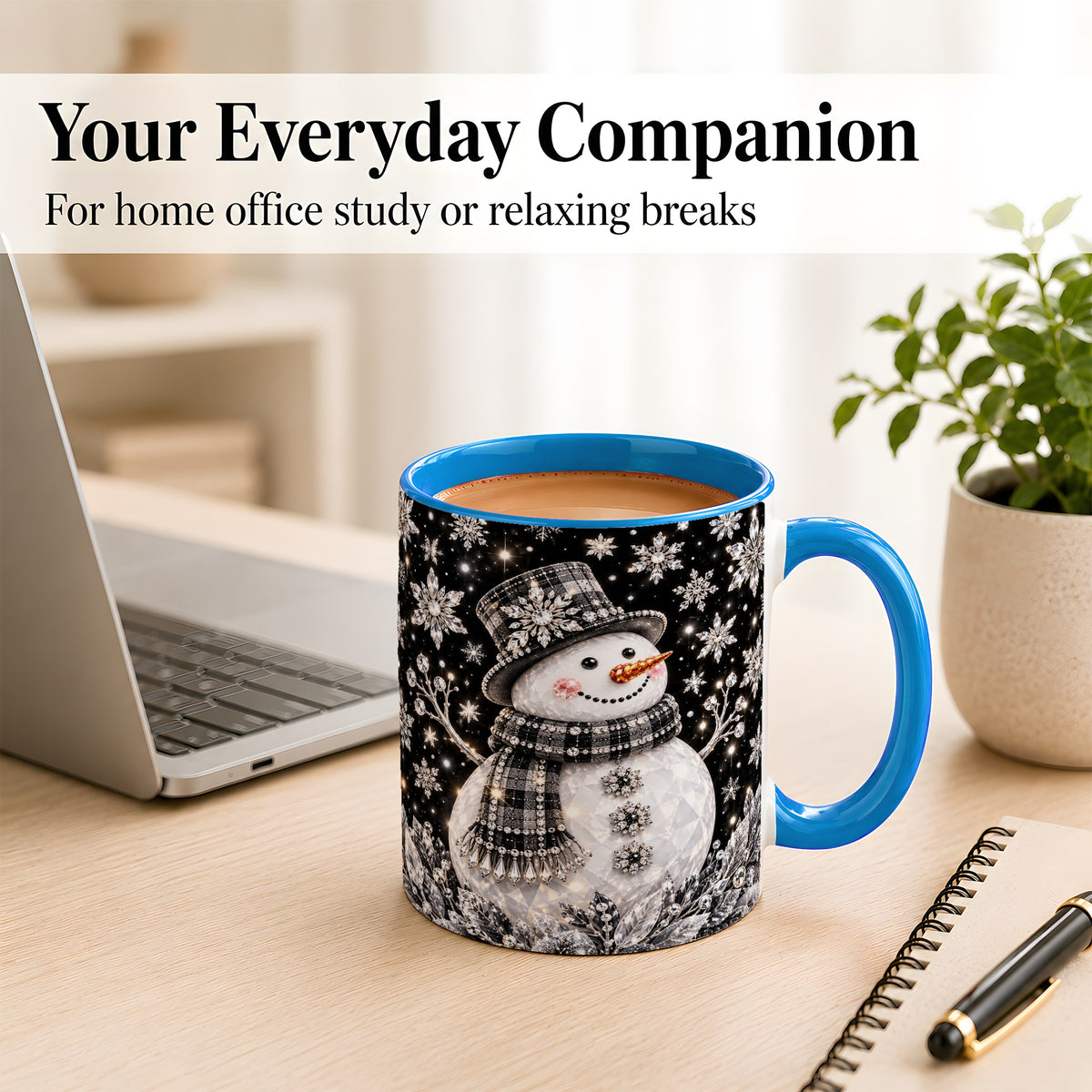 #pl[11oz|Blue] Crystal Snowman Coffee Mug, Winter Snowflake Mug, Ceramic Cup