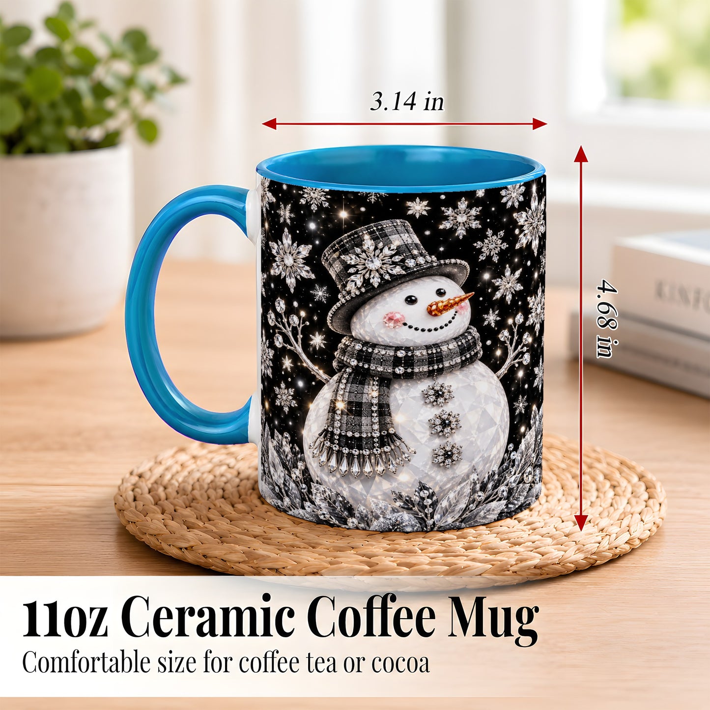 #pl[11oz|Blue] Crystal Snowman Coffee Mug, Winter Snowflake Mug, Ceramic Cup