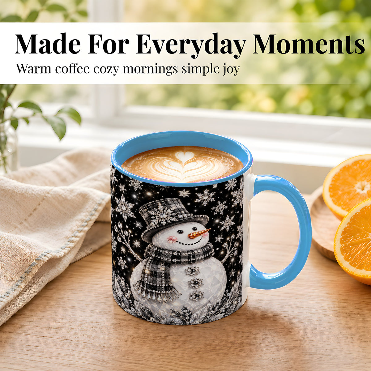 #pl[11oz|Blue] Crystal Snowman Coffee Mug, Winter Snowflake Mug, Ceramic Cup