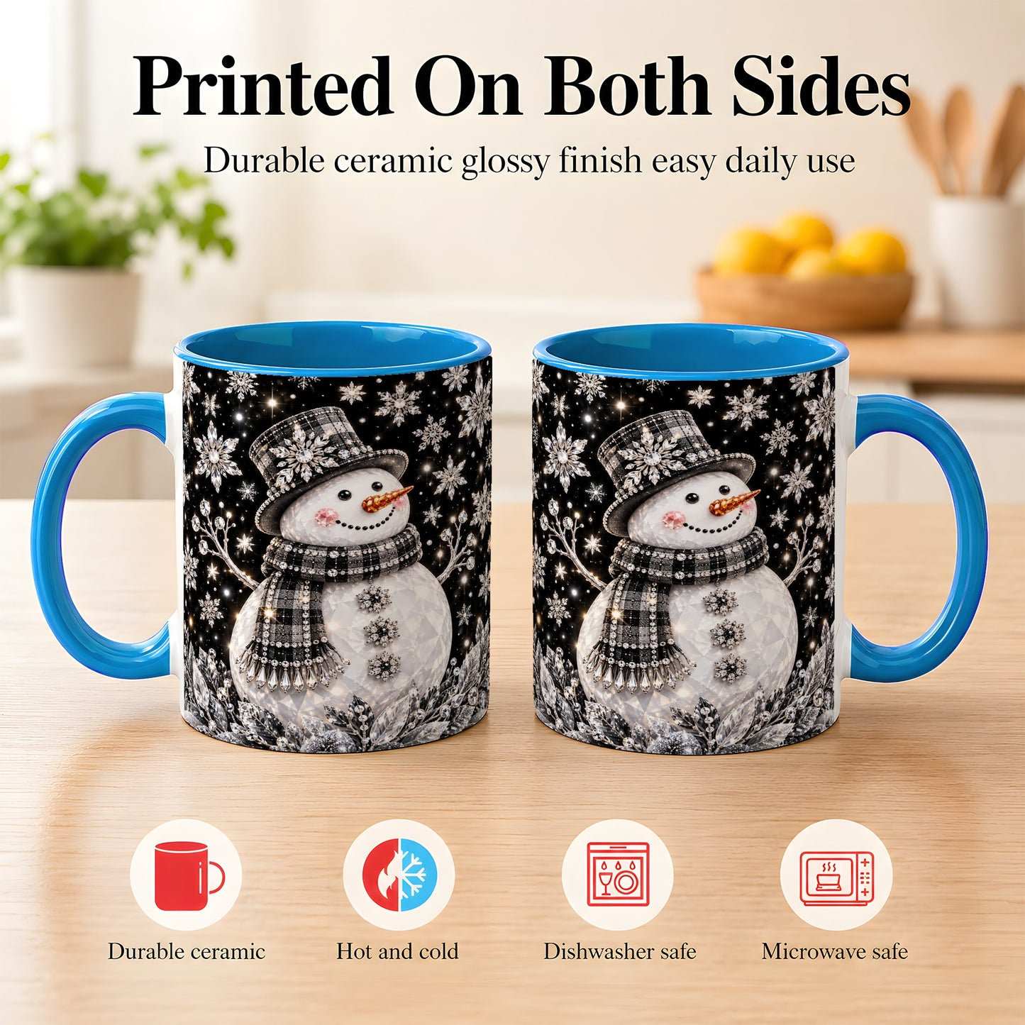 #pl[11oz|Blue] Crystal Snowman Coffee Mug, Winter Snowflake Mug, Ceramic Cup