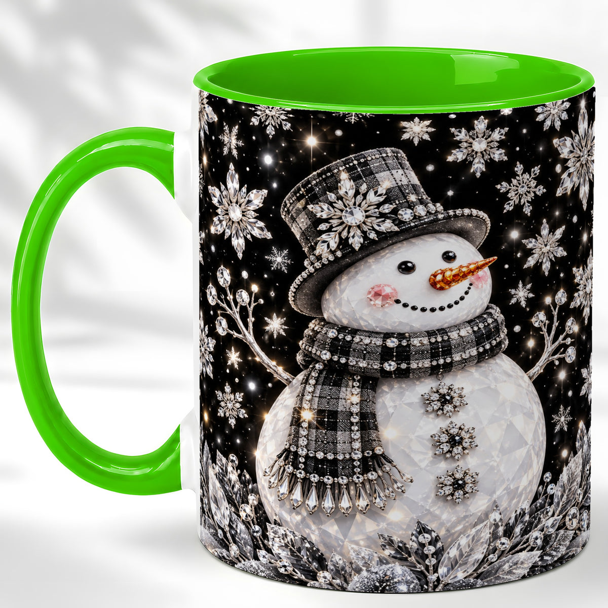 #pl[11oz|Green] Crystal Snowman Coffee Mug, Winter Snowflake Mug, Ceramic Cup