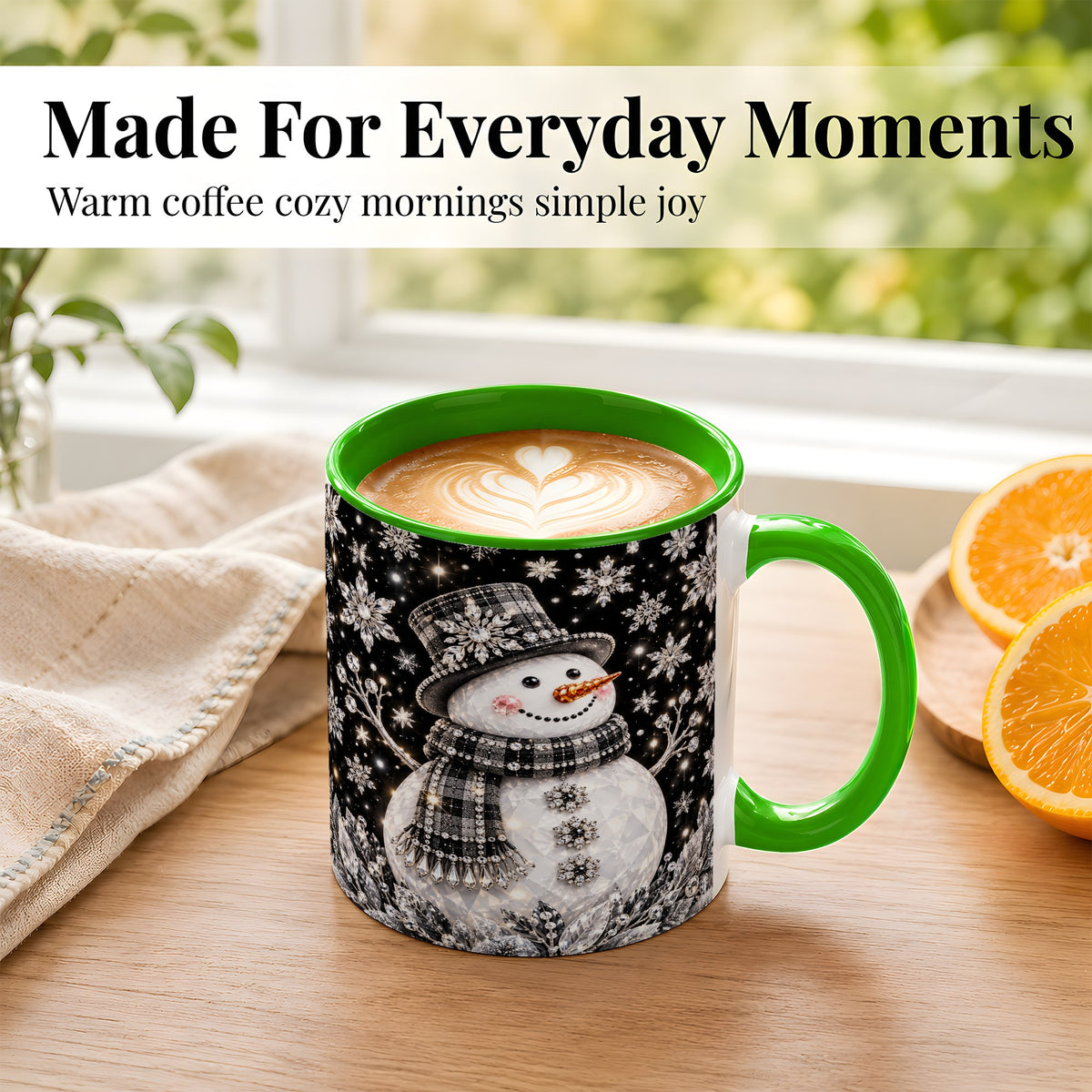 #pl[11oz|Green] Crystal Snowman Coffee Mug, Winter Snowflake Mug, Ceramic Cup