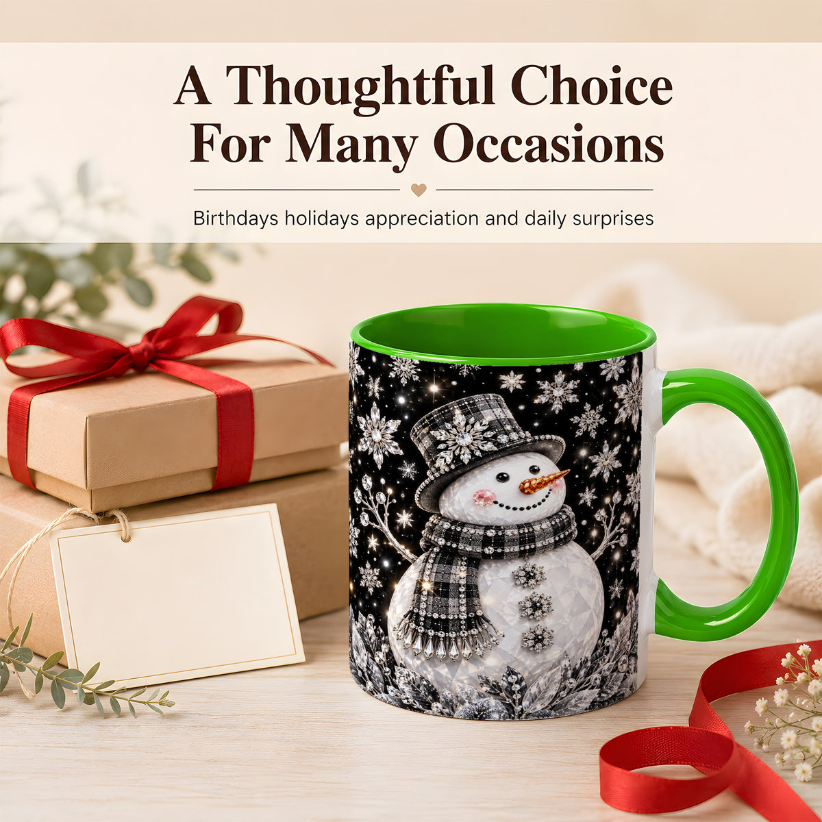 #pl[11oz|Green] Crystal Snowman Coffee Mug, Winter Snowflake Mug, Ceramic Cup