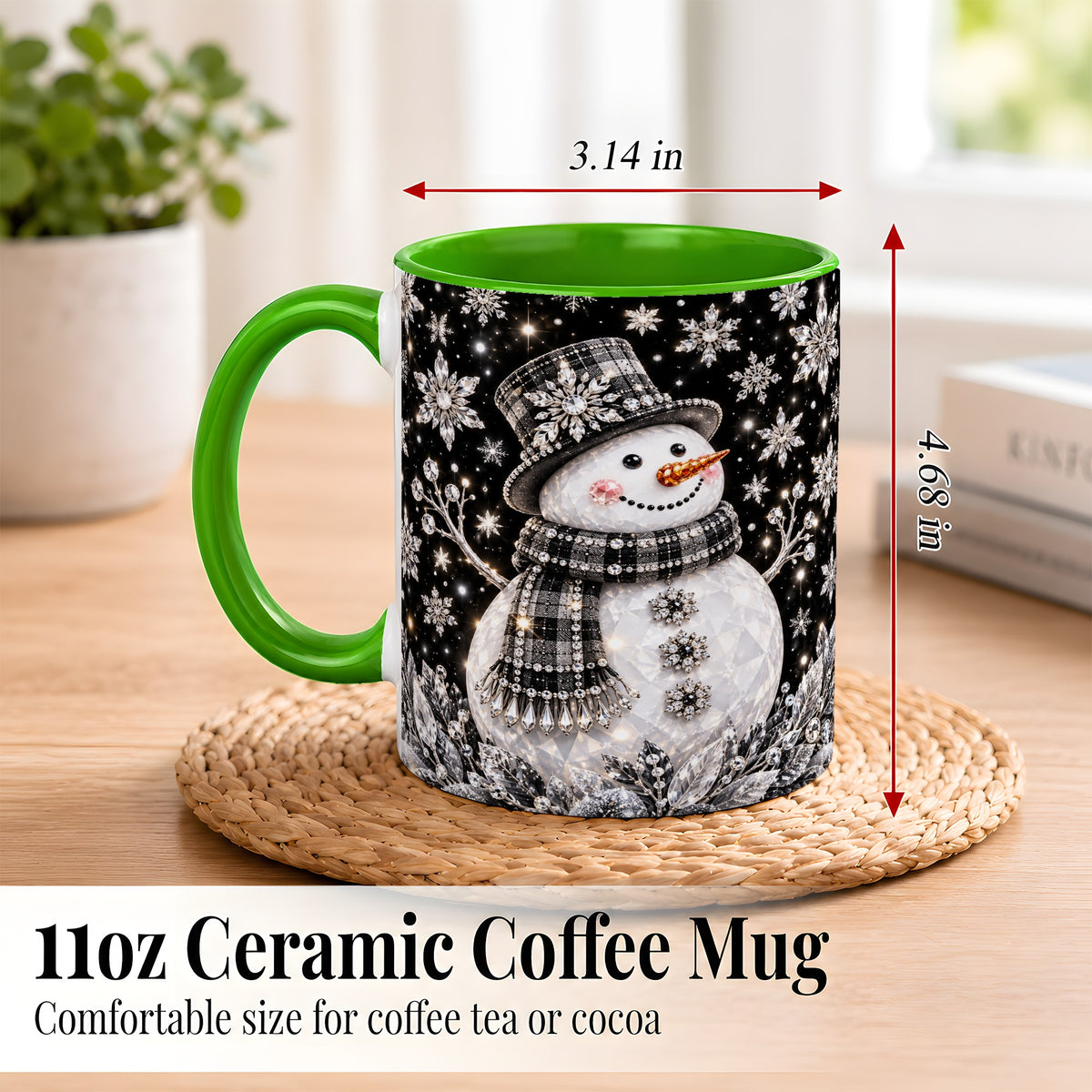 #pl[11oz|Green] Crystal Snowman Coffee Mug, Winter Snowflake Mug, Ceramic Cup
