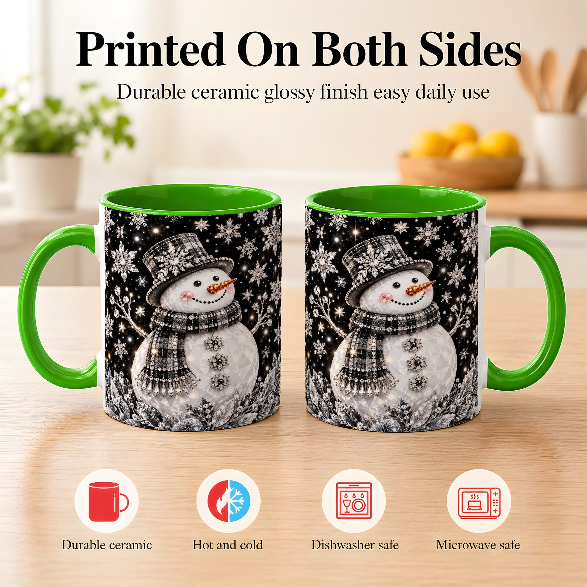 #pl[11oz|Green] Crystal Snowman Coffee Mug, Winter Snowflake Mug, Ceramic Cup