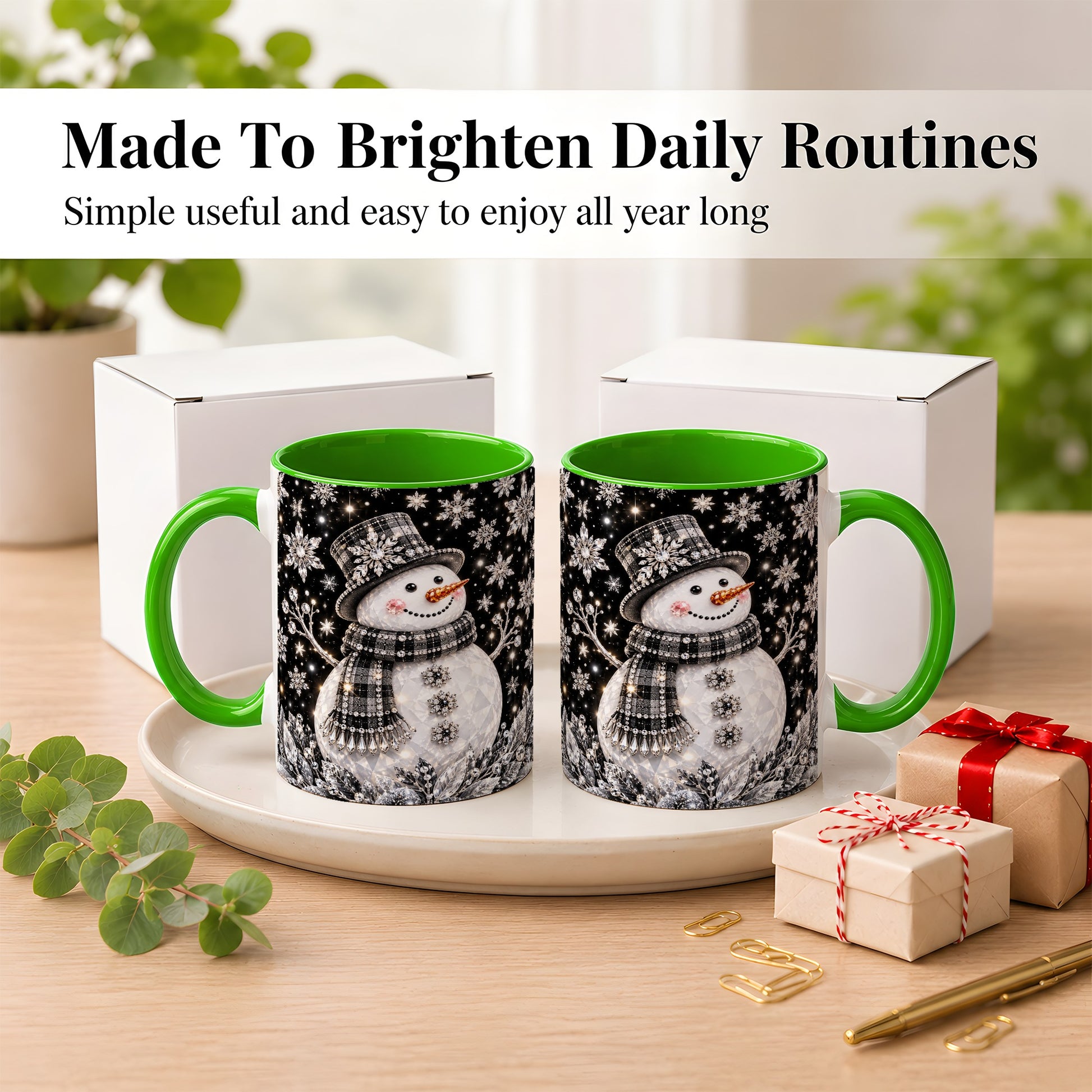 #pl[11oz|Green] Crystal Snowman Coffee Mug, Winter Snowflake Mug, Ceramic Cup