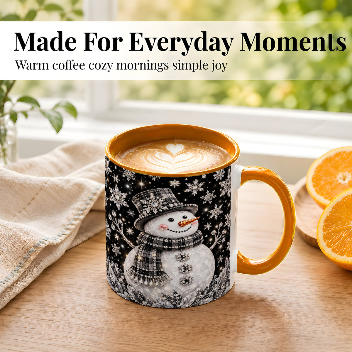 #pl[11oz|Orange] Crystal Snowman Coffee Mug, Winter Snowflake Mug, Ceramic Cup