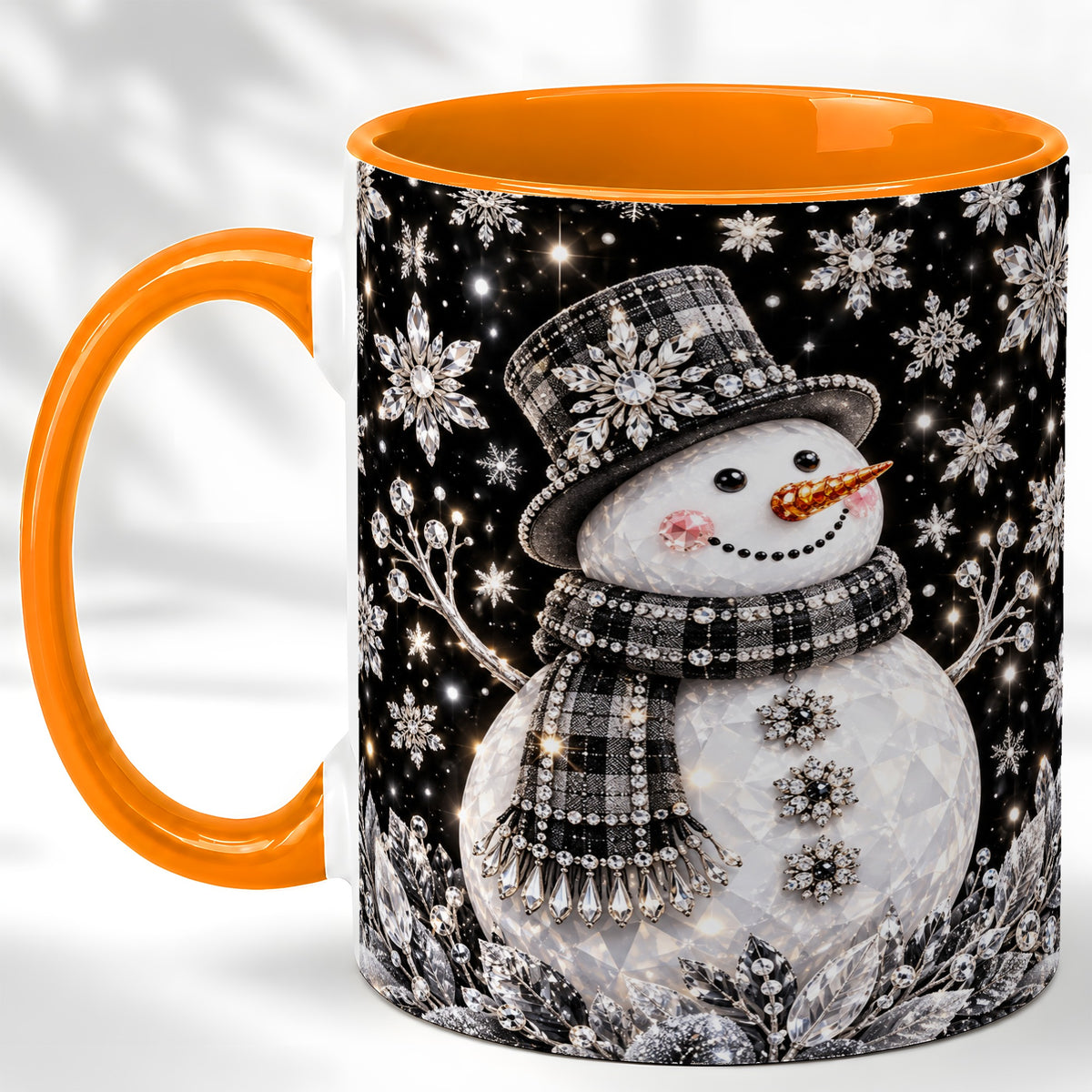 #pl[11oz|Orange] Crystal Snowman Coffee Mug, Winter Snowflake Mug, Ceramic Cup