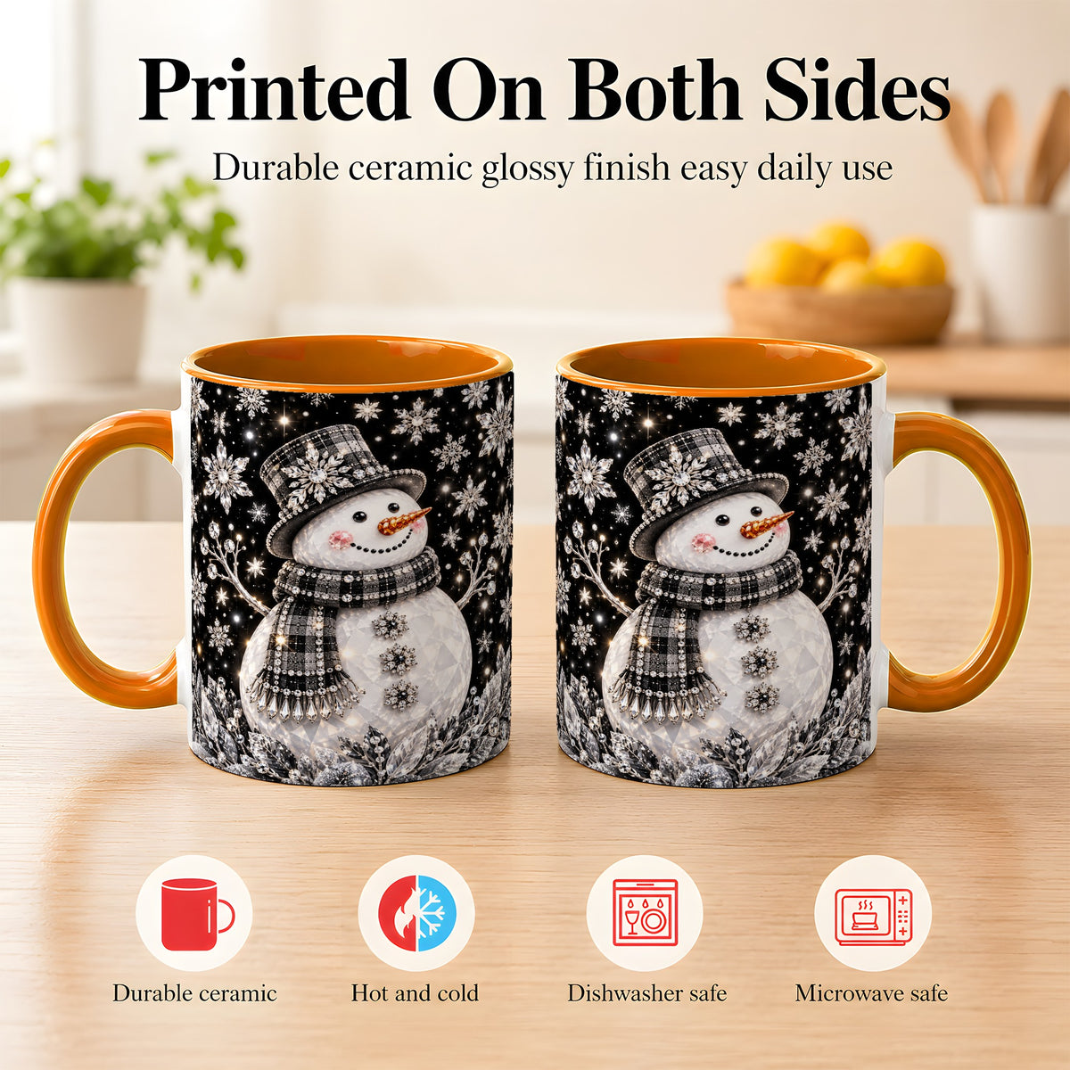 #pl[11oz|Orange] Crystal Snowman Coffee Mug, Winter Snowflake Mug, Ceramic Cup