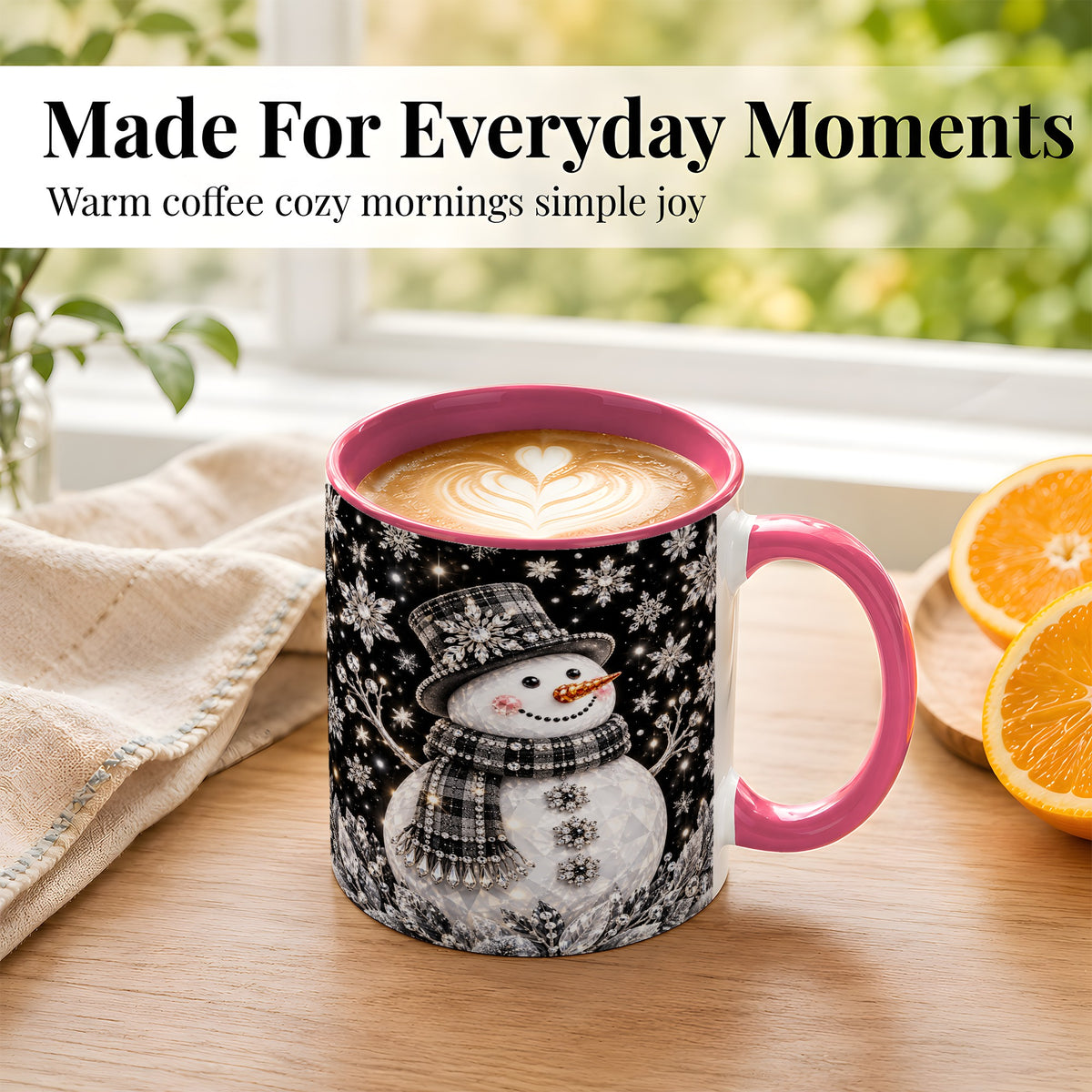 #pl[11oz|Pink] Crystal Snowman Coffee Mug, Winter Snowflake Mug, Ceramic Cup
