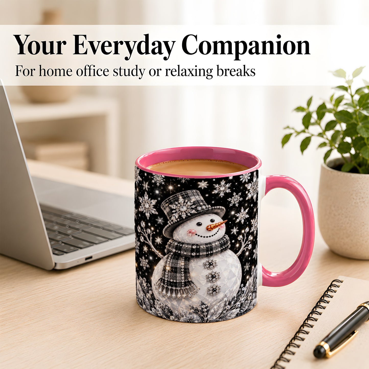 #pl[11oz|Pink] Crystal Snowman Coffee Mug, Winter Snowflake Mug, Ceramic Cup