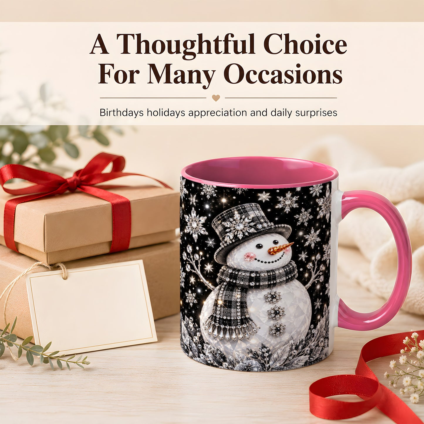 #pl[11oz|Pink] Crystal Snowman Coffee Mug, Winter Snowflake Mug, Ceramic Cup