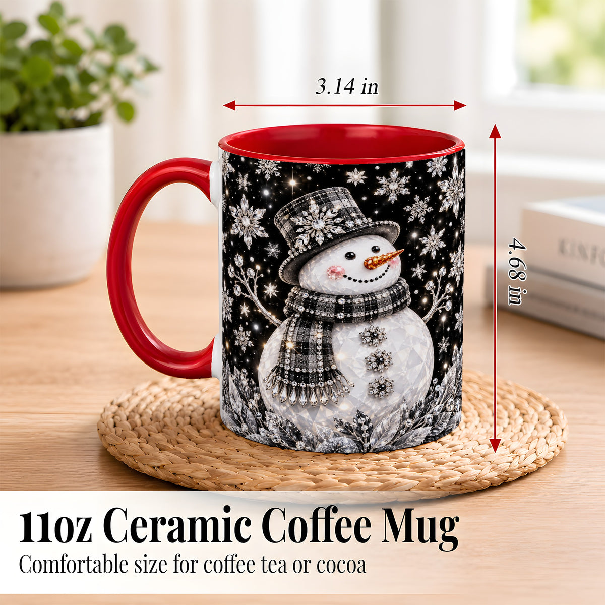 #pl[11oz|Red] Crystal Snowman Coffee Mug, Winter Snowflake Mug, Ceramic Cup