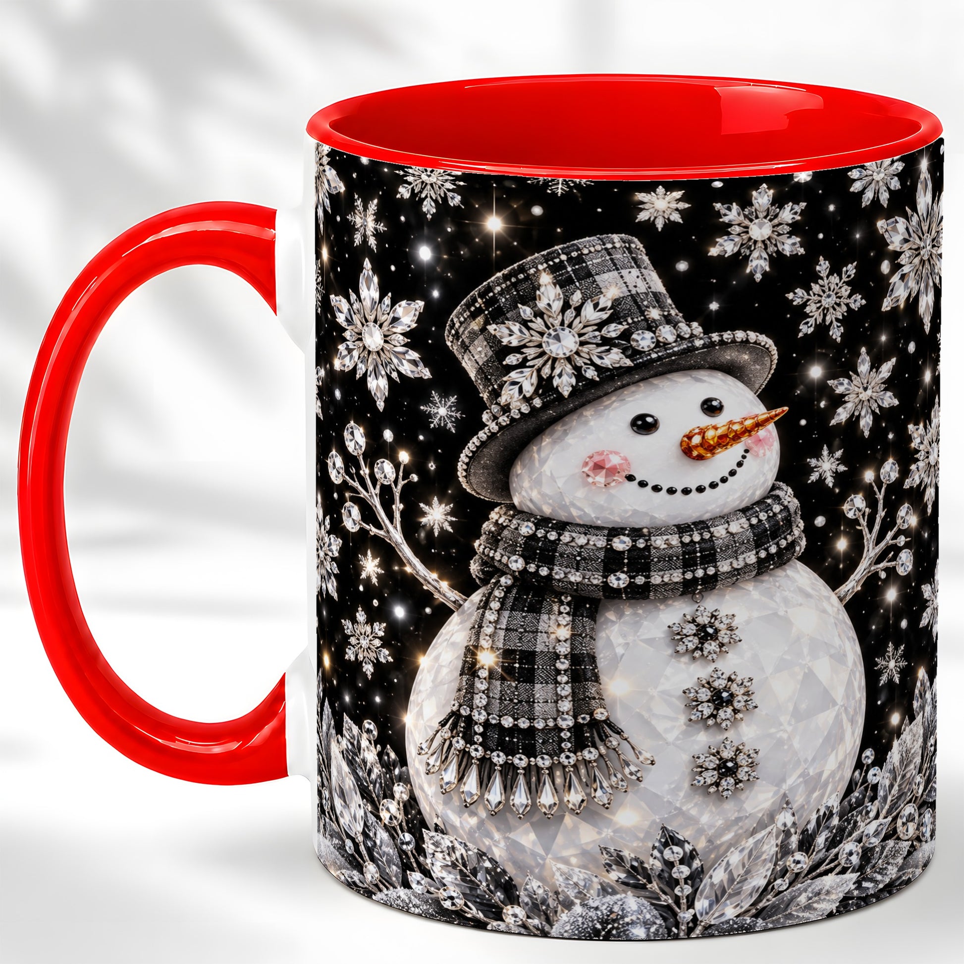 Crystal Snowman Coffee Mug, Winter Snowflake Mug, Ceramic Cup
