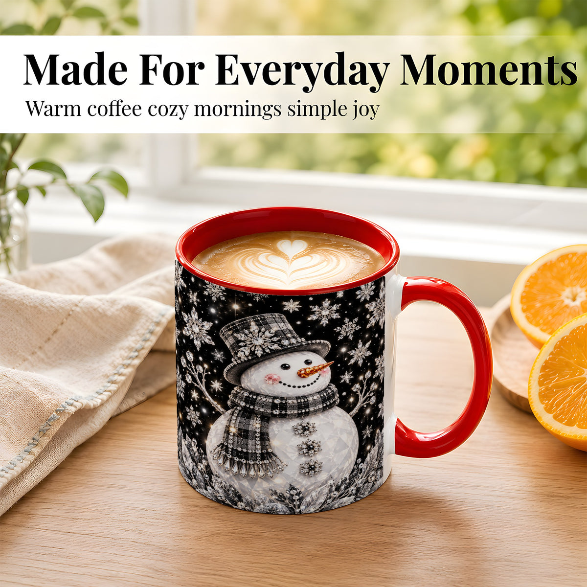 #pl[11oz|Red] Crystal Snowman Coffee Mug, Winter Snowflake Mug, Ceramic Cup