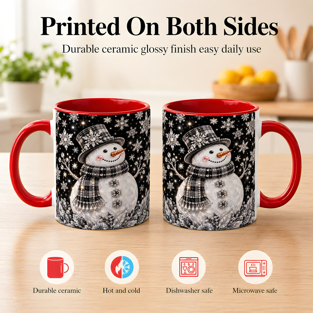 #pl[11oz|Red] Crystal Snowman Coffee Mug, Winter Snowflake Mug, Ceramic Cup