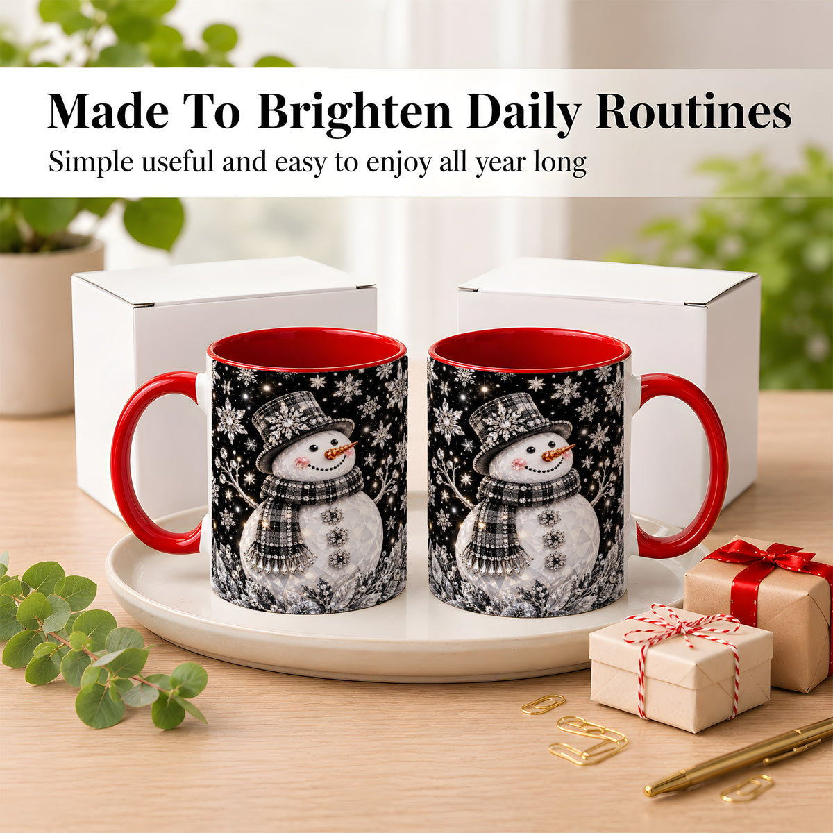 #pl[11oz|Red] Crystal Snowman Coffee Mug, Winter Snowflake Mug, Ceramic Cup