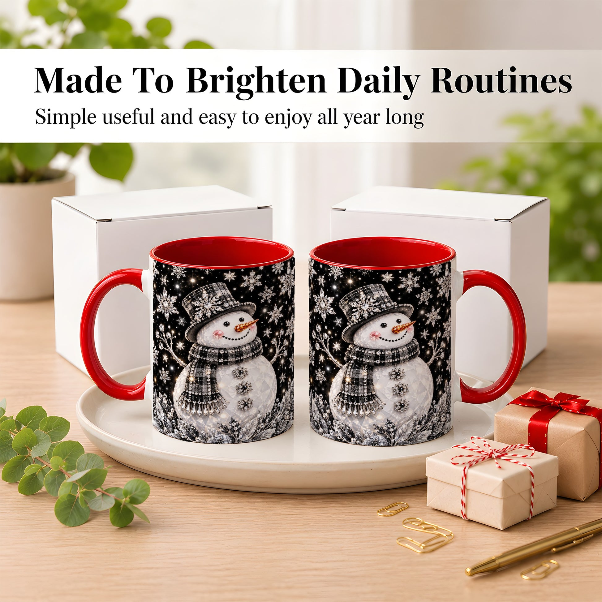 #pl[11oz|Red] Crystal Snowman Coffee Mug, Winter Snowflake Mug, Ceramic Cup